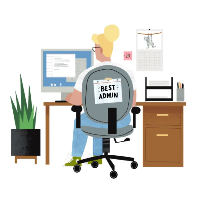 Office worker sitting at desk with Best Admin badge on chair by Drew Bardana