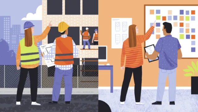 Construction and UX research professionals collaborating, by Drew Bardana
