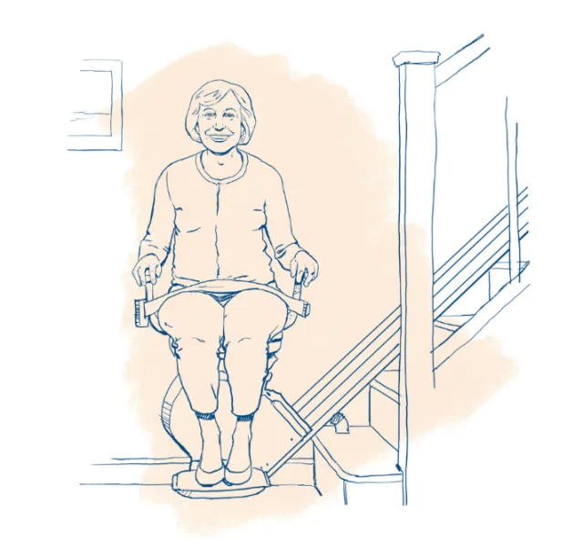 Elderly woman sitting on stairlift smiling by Andreas Schickert