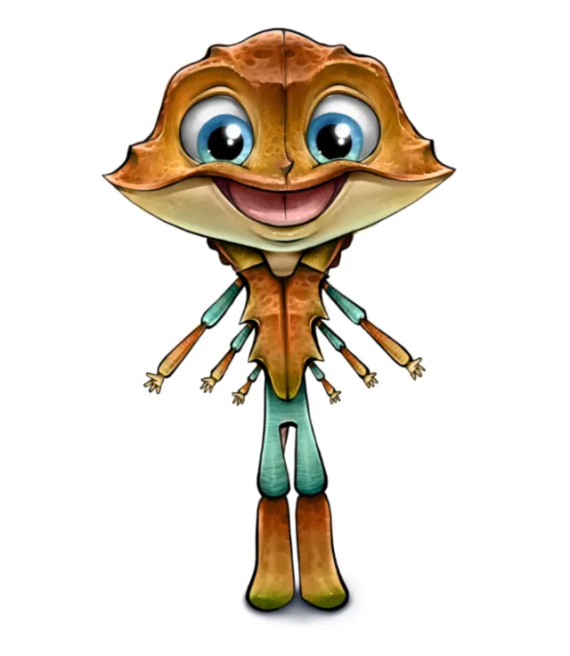 Cartoon character with leaf-shaped head and blue overalls by Tom Bonson
