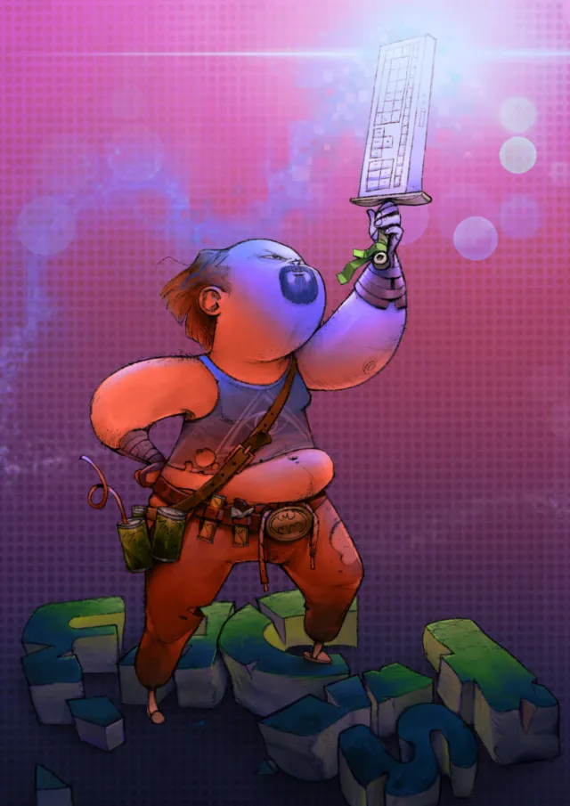 Futuristic warrior holding glowing keyboard sword by Tom Bonson