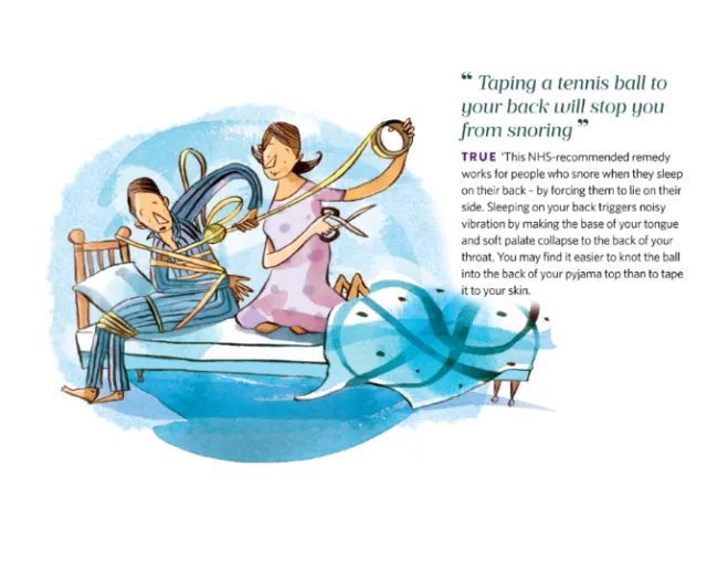 Illustration showing taping a tennis ball to back to stop snoring by Adam Larkum