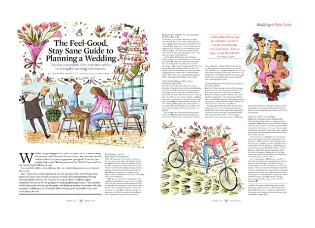 Magazine spread with illustrations about feeling good while planning a wedding by Adam Larkum