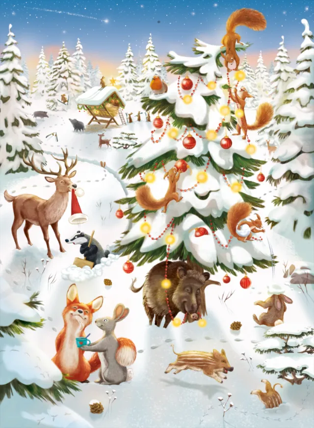 Winter scene with forest animals around decorated Christmas tree by Andreas Besser