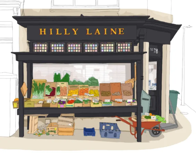 Line drawing of Local Brighton grocery shop Hilly Laine