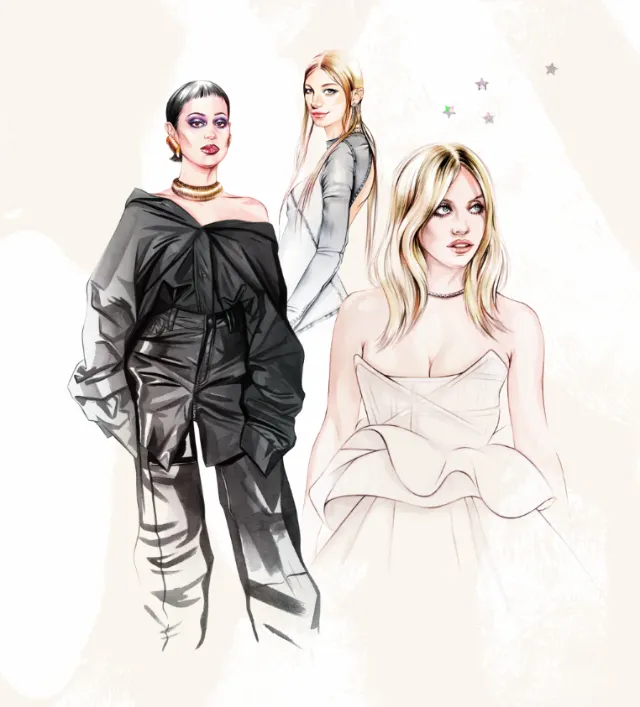 Illustration of three fashionably dressed women by Natalia Sanabria