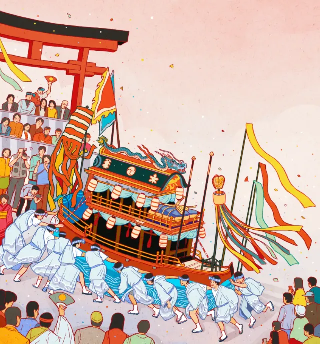 Illustration of a Japanese festival float carried by participants, by Toma Nguyen