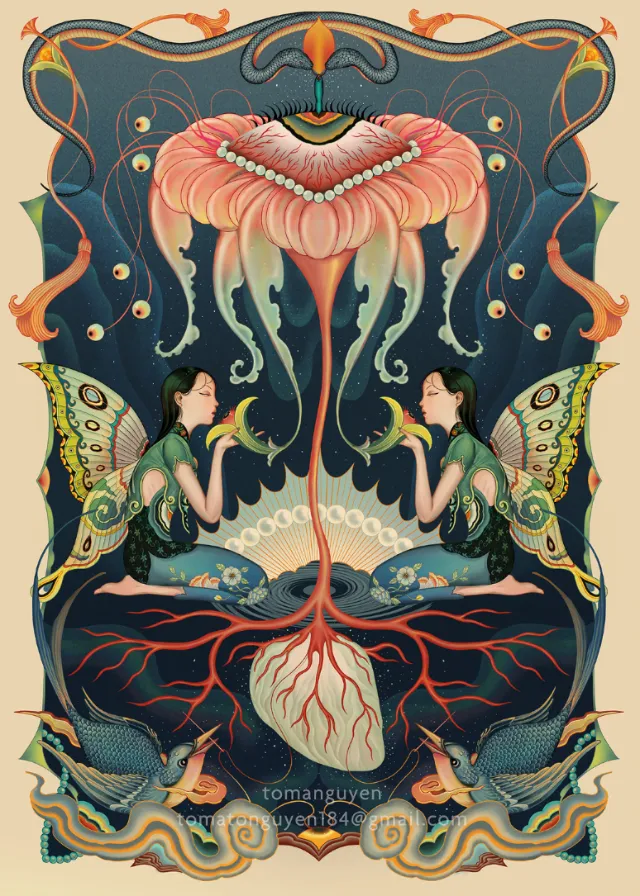 Fantasy nature rebirth artwork by Toma Nguyen showing mirrored fairy figures
