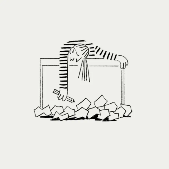 Black and white illustration of person reaching over frame to grab paper by Motion Club