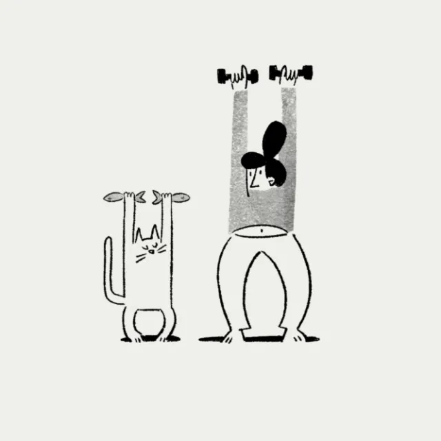 Person and cat lifting dumbbells in black and white by Motion Club
