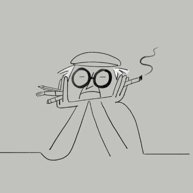 Minimalist drawing of a character with round glasses and cigarette by Motion Club