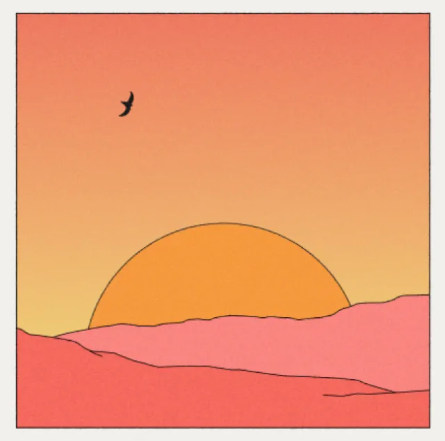 Minimalist sunset with orange sun, pink hills, and a bird flying - Motion Club