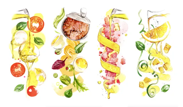 Watercolor painting of citrus fruits and a can drink by Natalia Sanabria