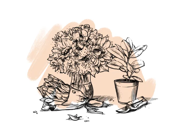 Ink drawing of flowers in vase and potted plant by Lukas Bischoff