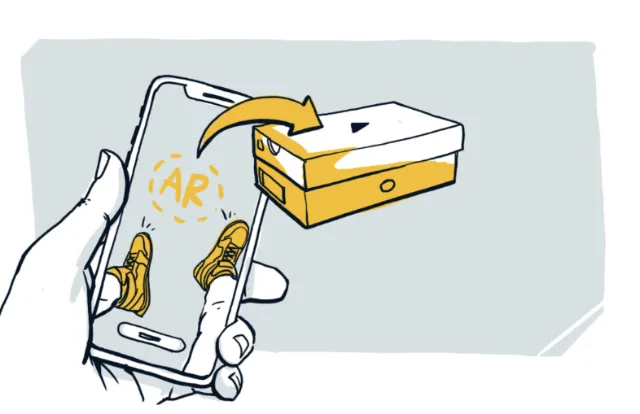 Smartphone showing augmented reality shoes and floating shoe box by Lukas Bischoff