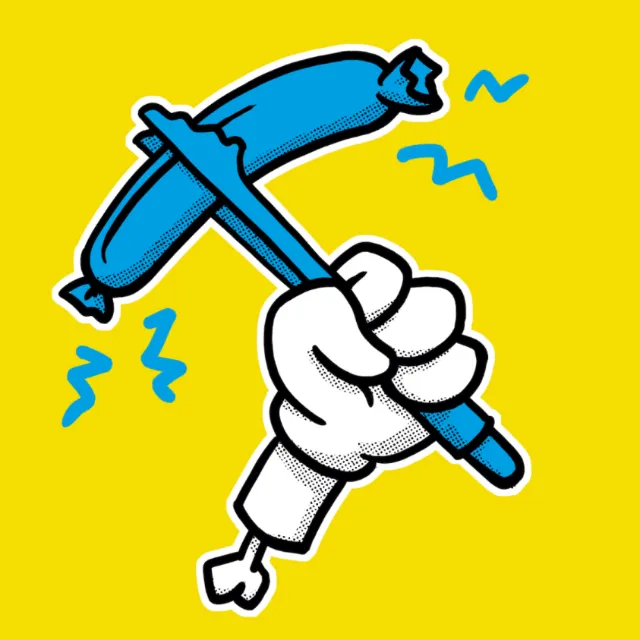 Cartoon hand holding a blue fork with sausage, artwork by Lukas Bischoff