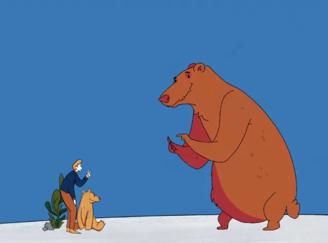 Illustration of man with dog facing a large bear by Lukas Bischoff