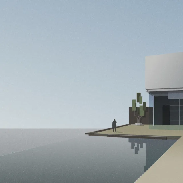 Minimalist modern house by water with reflection and lone figure, artwork by Lukas Bischoff