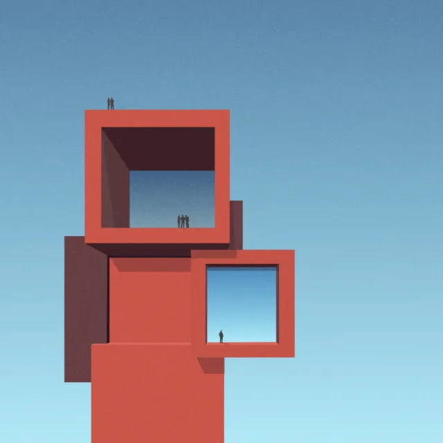 Minimalist digital art of red cubes with human silhouettes by Lukas Bischoff
