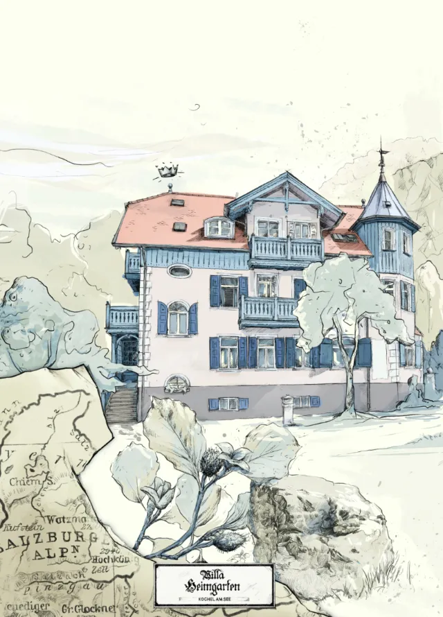 Watercolor of alpine house with tower and balconies by Lukas Bischoff