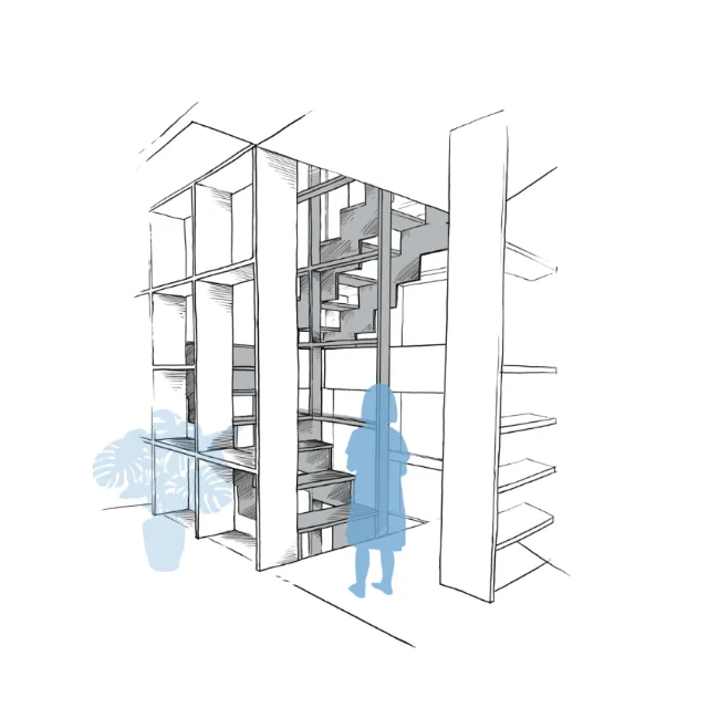 Architectural interior sketch with staircase and shelving by Lukas Bischoff