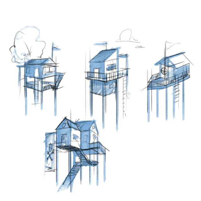 Sketches of elevated wooden treehouses with ladders and flags by Lukas Bischoff