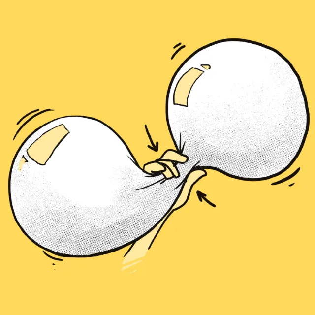 Illustration of a hand pinching two connected white balloons by Lukas Bischoff