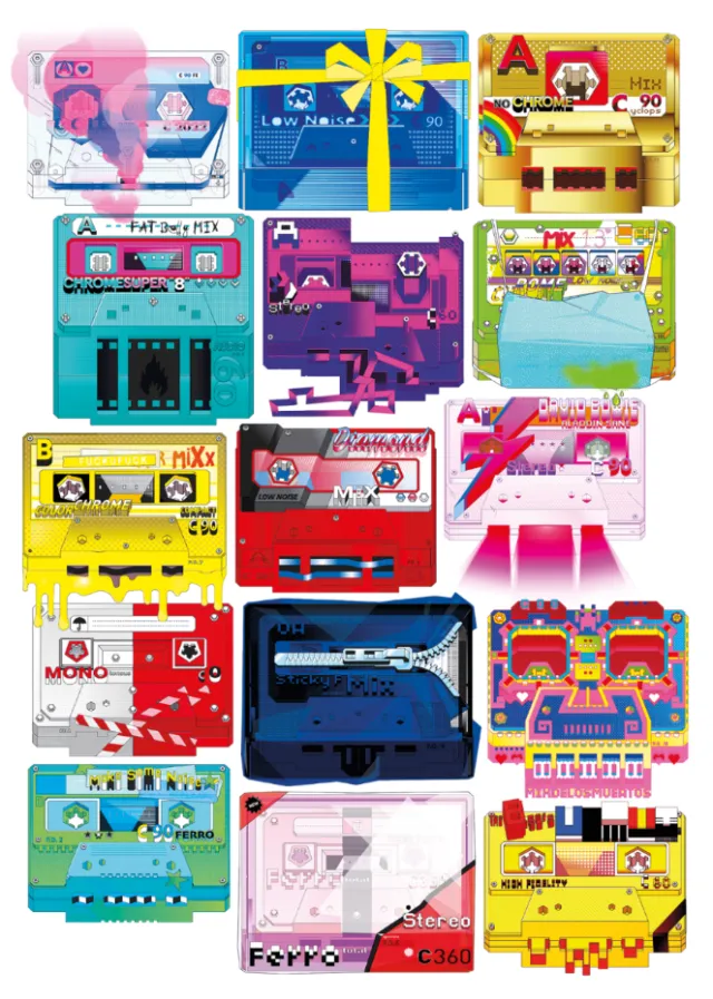 Colorful retro cassette tapes artwork by Tobias Wandres