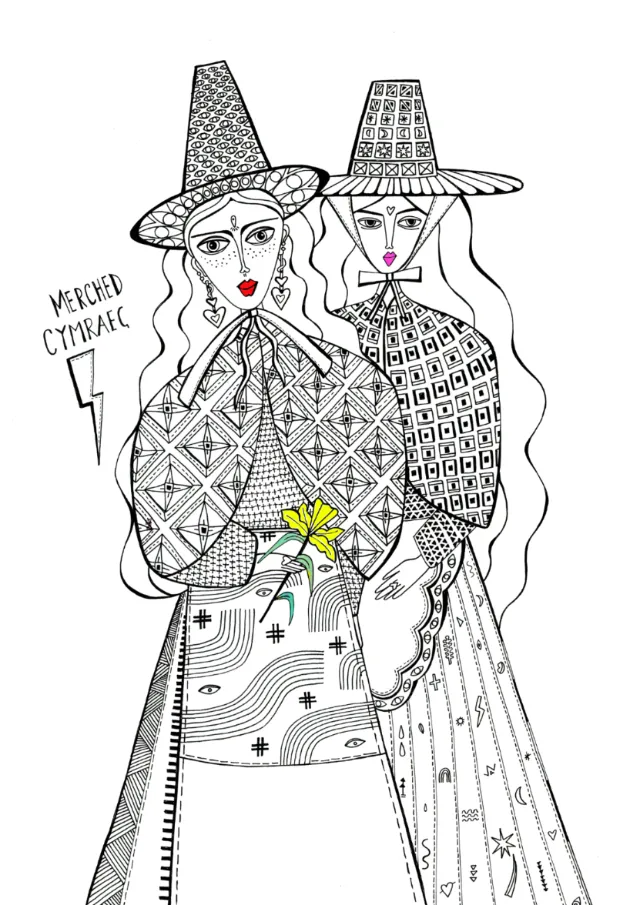 Black and white illustration of two women in patterned dresses and hats by Hannah Davies