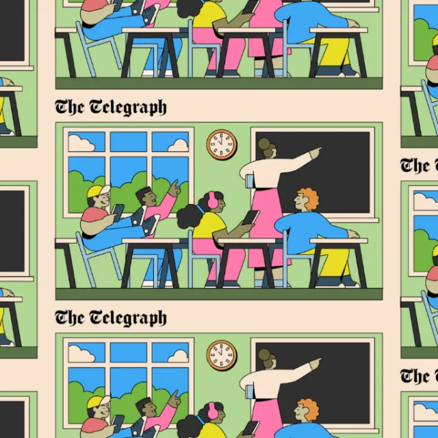 Illustration of classroom scene with teacher and students by Joseph Carrington