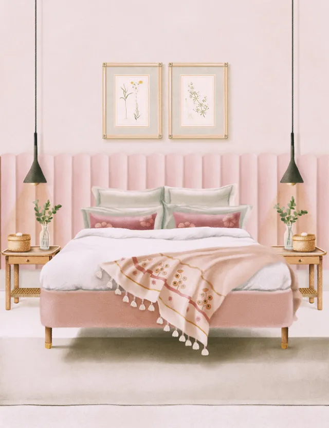 Cozy pink upholstered bedroom with pillows, blanket, and framed wall art by Debora Islas