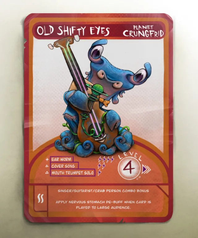 Old Shifty Eyes character card featuring a blue alien creature playing a trumpet, by Tom Bonson