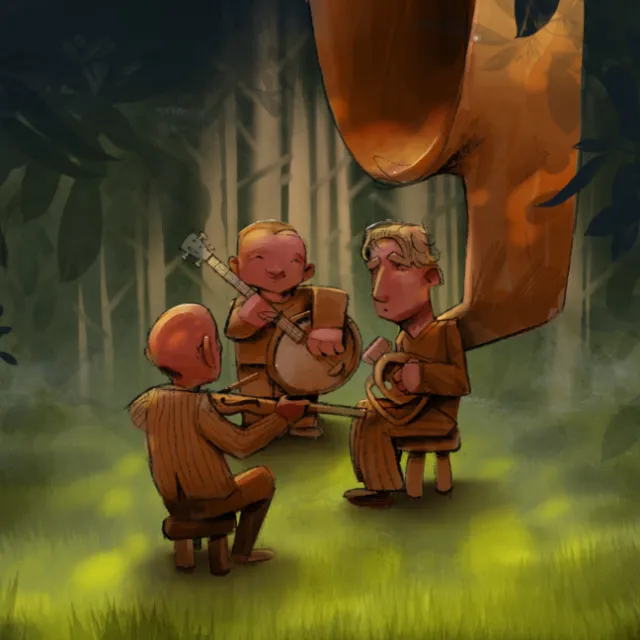 Illustration of three characters playing instruments in a forest by Tom Bonson