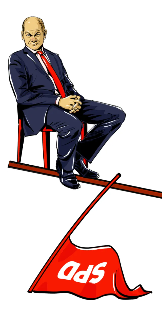 Man in suit sitting on chair over red SPD flag by Silke Bachmann