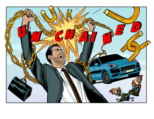 Silke Bachmann illustration of a man breaking chains beside a blue car
