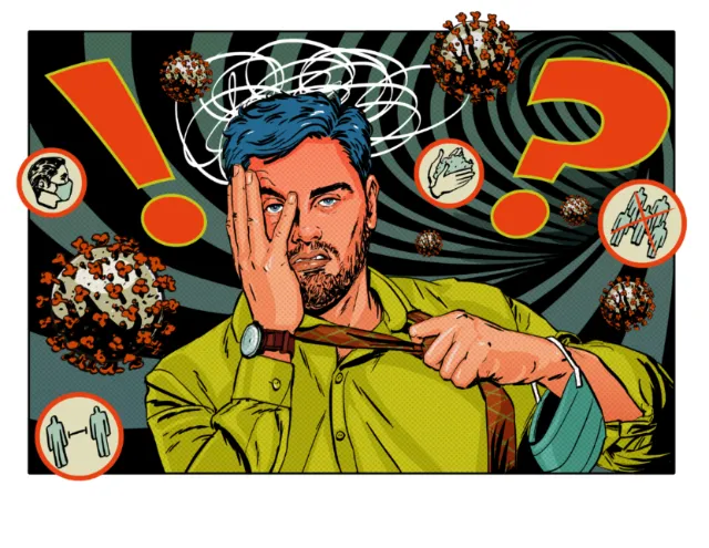 Stressed man surrounded by virus and health icons by Silke Bachmann