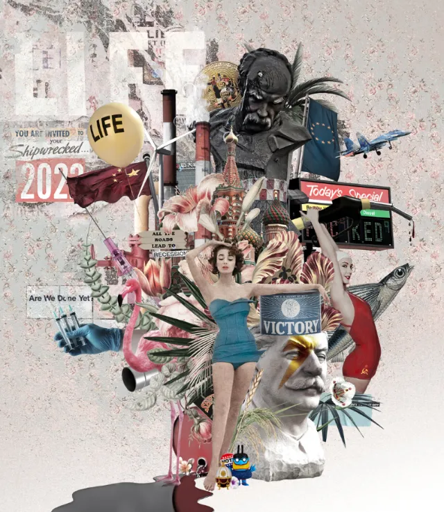 Surreal collage featuring a woman, vintage masks, and objects by Patrick Boyer