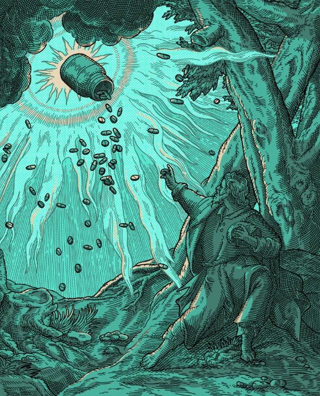 Man in cave reaching for pills falling from sky surreal art by Studio Duco