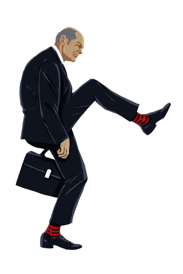 Illustration of man in black suit kicking, holding briefcase by Silke Bachmann