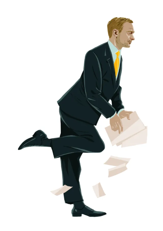 Man in black suit dropping papers, illustration by Silke Bachmann