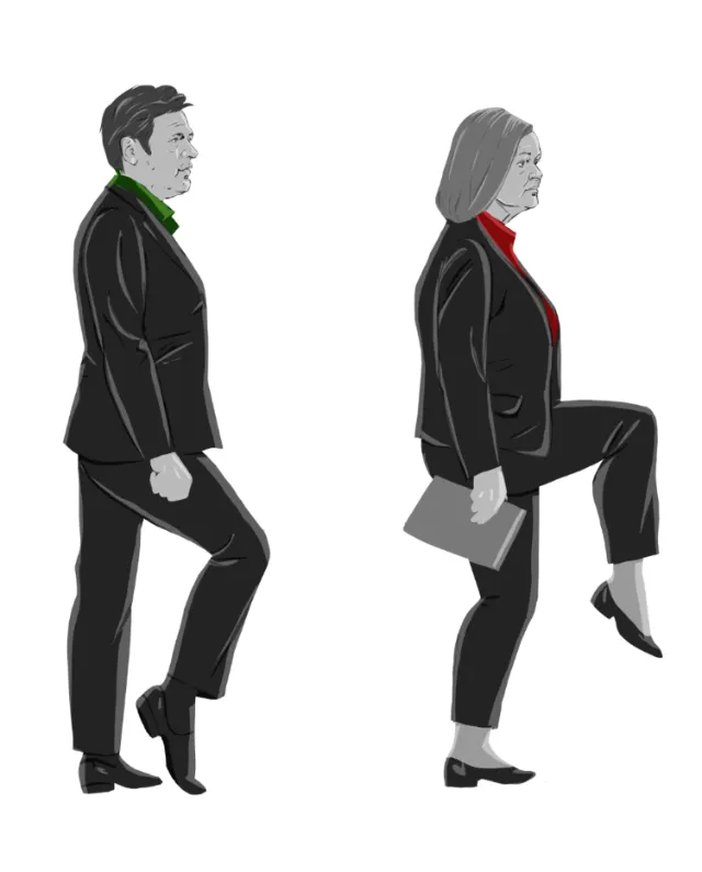 Business man and woman climbing steps, illustration by Silke Bachmann