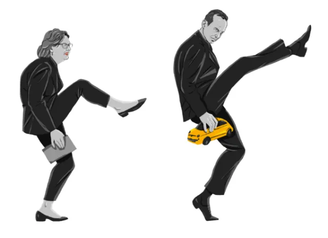 Two business people holding yellow toy cars, lifting legs by Silke Bachmann