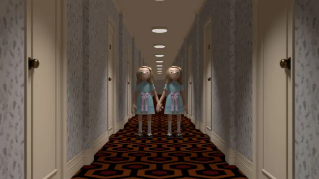 3D model of twin children standing in a hotel corridor by Lee Montgomery
