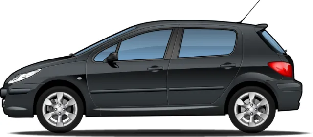 Side view of Peugeot hatchback car technical illustration by Lee Montgomery
