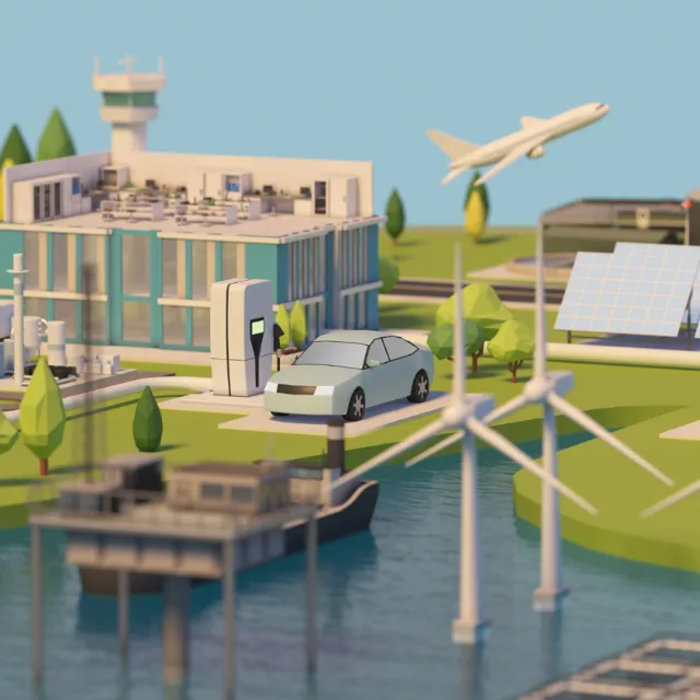 3D smart city model with wind turbines, solar panels, electric car and airplane by InfoTec