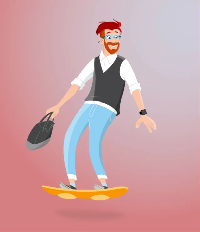 Red-haired man surfing on a hoverboard holding a briefcase by Andreas Besser