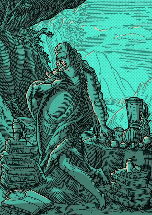 Illustration of a figure sitting with fruits and stacks of books by Studio Duco
