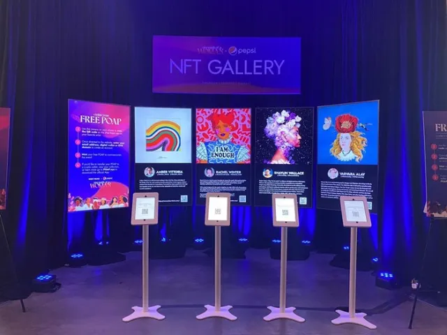 NFT Gallery digital art exhibition with colorful artworks by Rachel Winter
