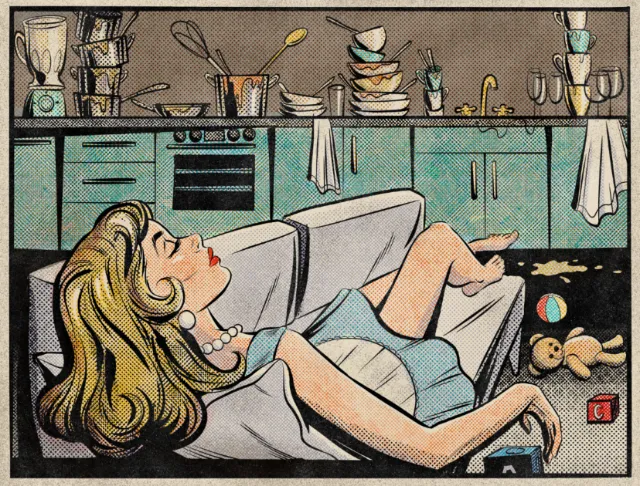 Woman reclining on sofa in messy kitchen interior by Jessine Hein