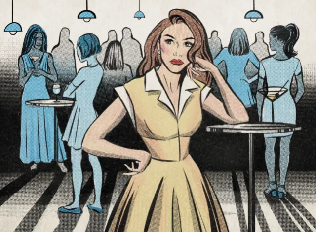 Illustration of woman in yellow dress at party by Jessine Hein